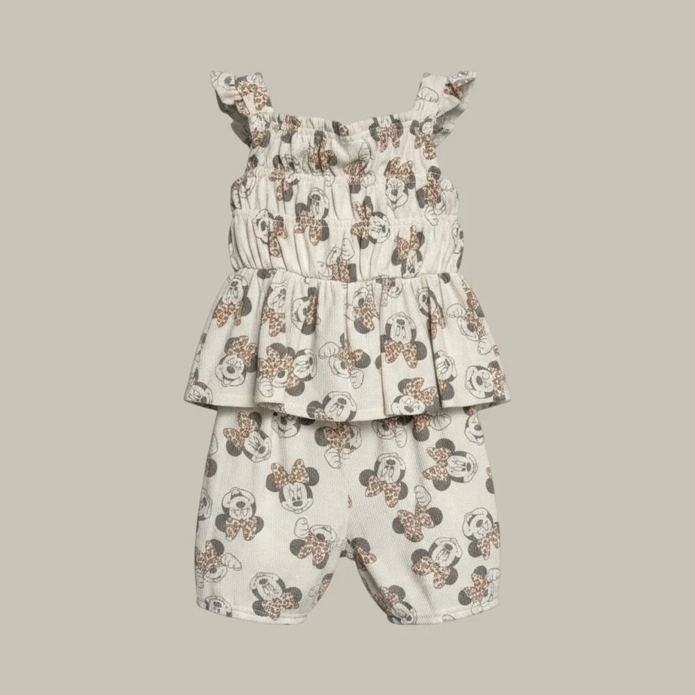 Disney Jr's Minnie Mouse Girl 2-Piece Smocked Peplum Top and Shorts Set Cream 4T